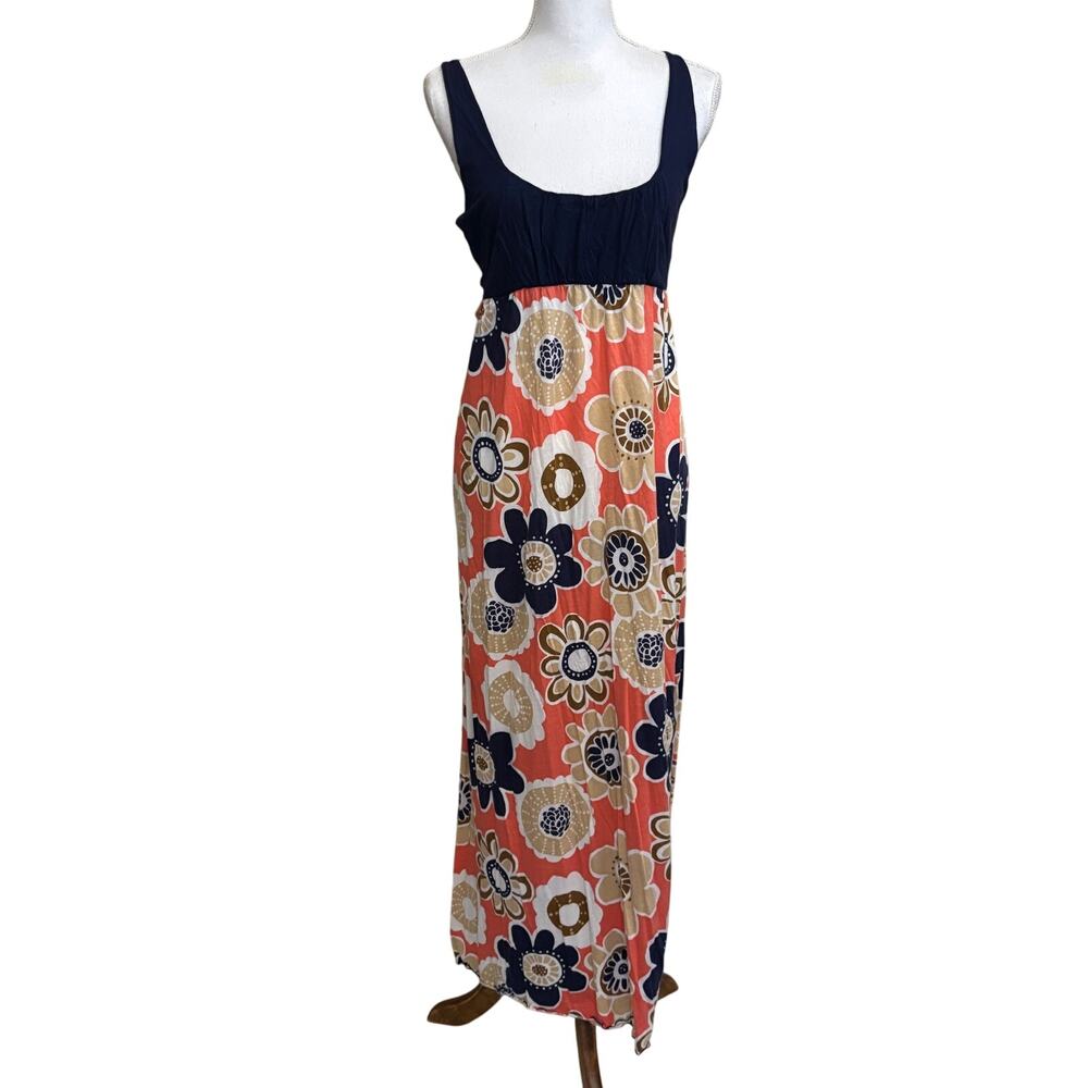 Anthropologie Navy and Coral Floral Maxi Dress